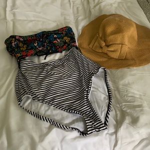 Floral + black and white striped swim suit